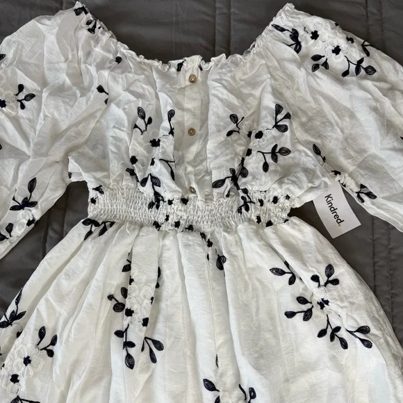 Kindred Anthropologie White Navy Embroidered Peasant Midi Dress 3X NWT Boho - Picture 2 of 14